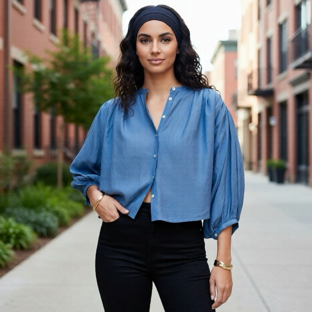 Madewell Blue cotton Button-Front Balloon Sleeve Blouse
